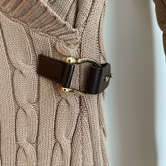 LAUREN Ralph Lauren Cable-Knit Buckle Trim Camel Sweater Dress, Size M. - Picture 3 of 6